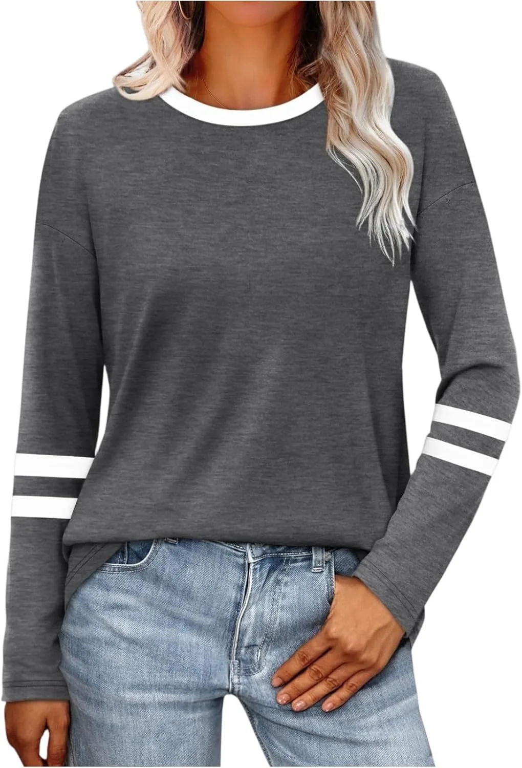 

Длинная футболка с длинным рукавом для женщин Color Block Casual Shusuen