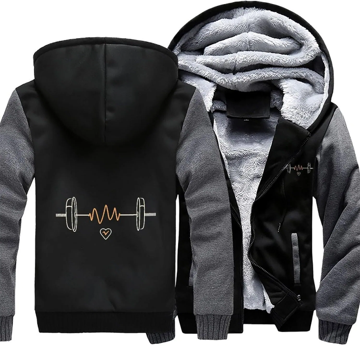 Толстовка Heartbeat Weightlifting мужская с капюшоном на молнии, флисовая куртка, зимняя теплая одежда Generic, серый — фото 3