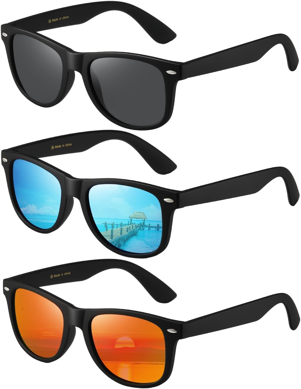 

Солнцезащитные очки MASDUN Retro Polarized для мужчин и женщин, классические солнцезащитные очки с защитой от УФ-излучения MD2140 (комплект из 3 штук), Black/Grey+black/Blue+black/Red