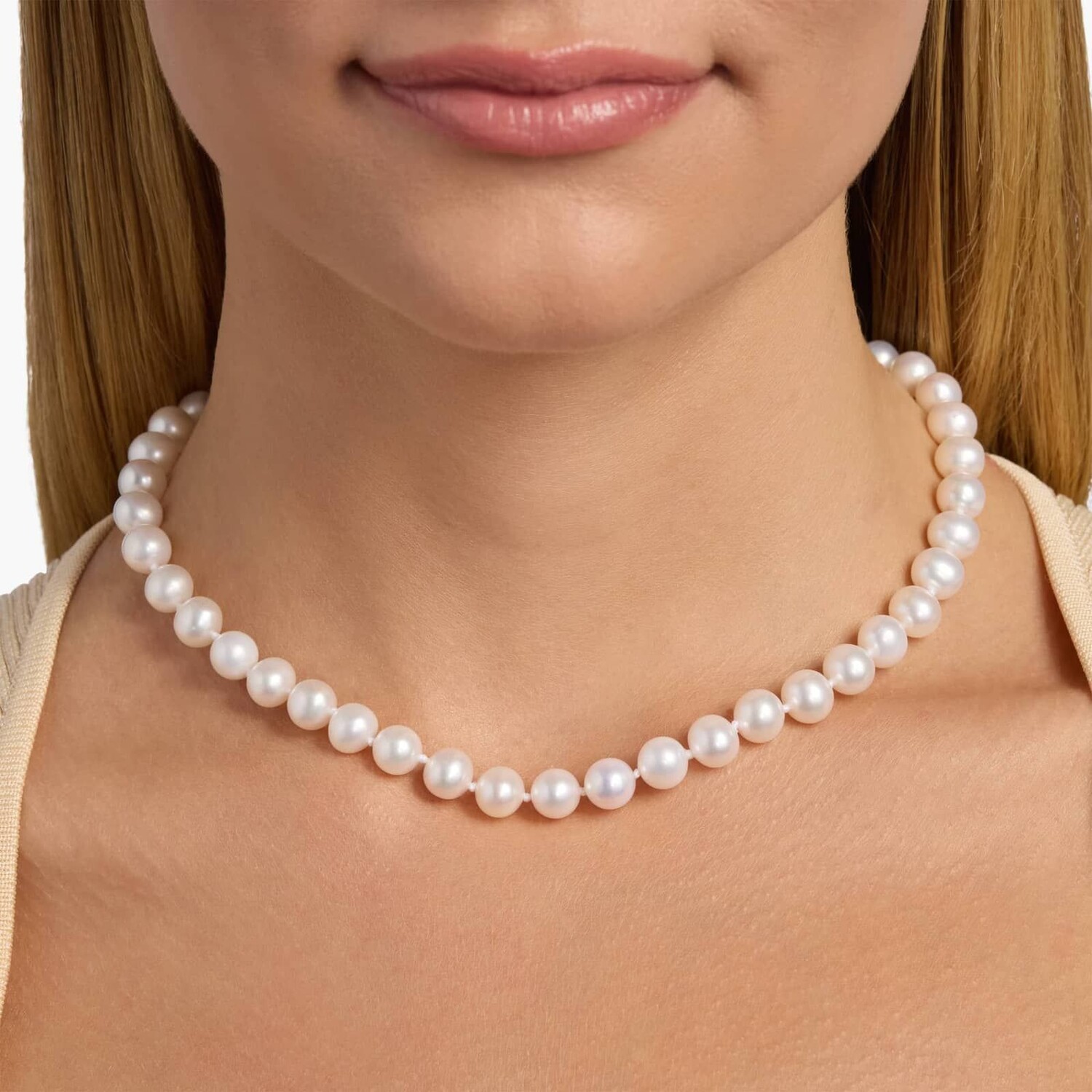 

Ожерелье из нити пресноводного культивированного жемчуга 16 дюймов из 14-каратного желтого золота (8,0-8,5 мм) Blue Nile