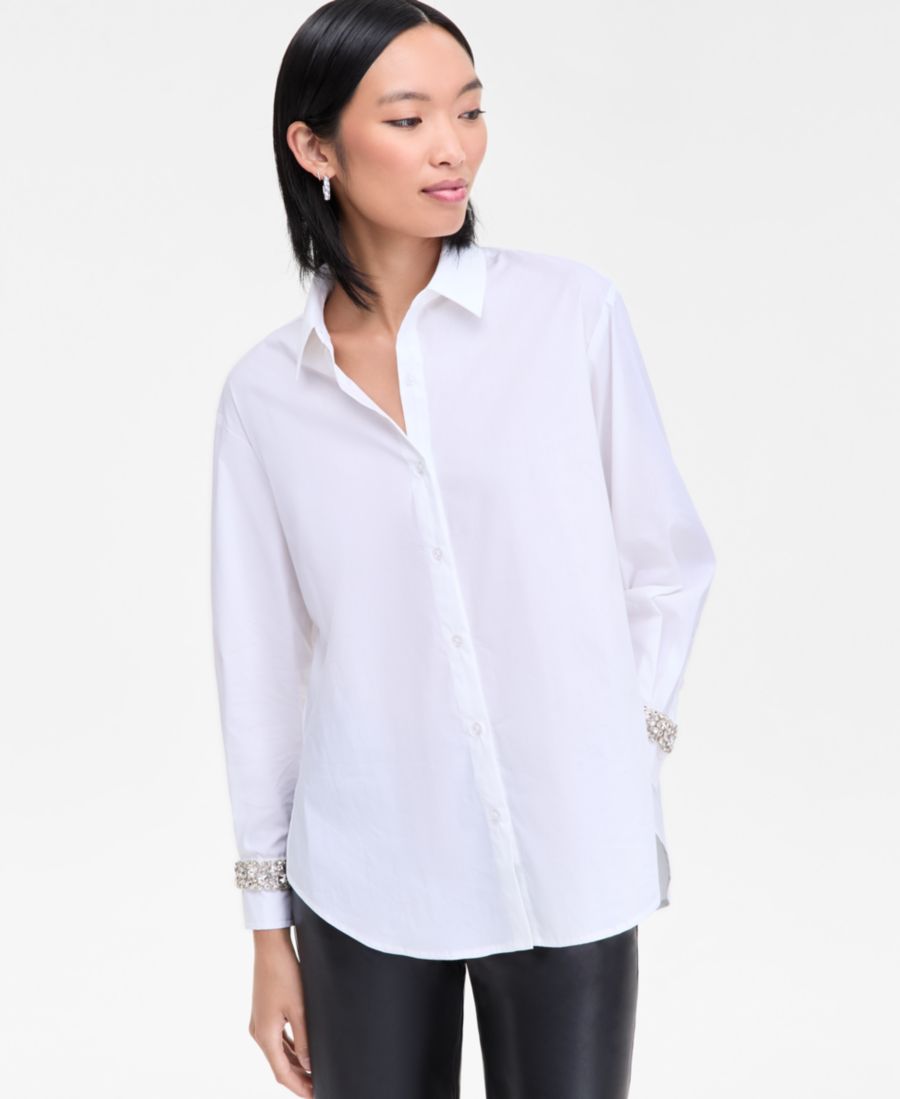 

Женская рубашка свободного кроя с декорированными манжетами, эксклюзивно для Macy's INC International Concepts, Bright Whi