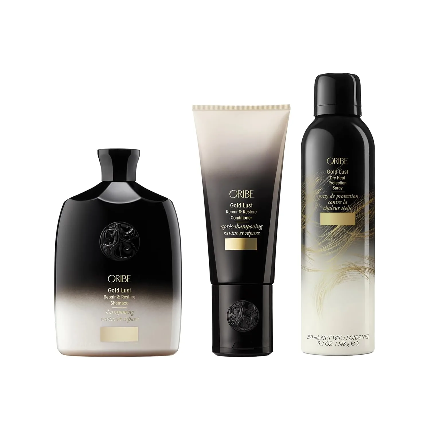 Набор Oribe Gold Lust, включающий шампунь, кондиционер и термозащитный спрей.