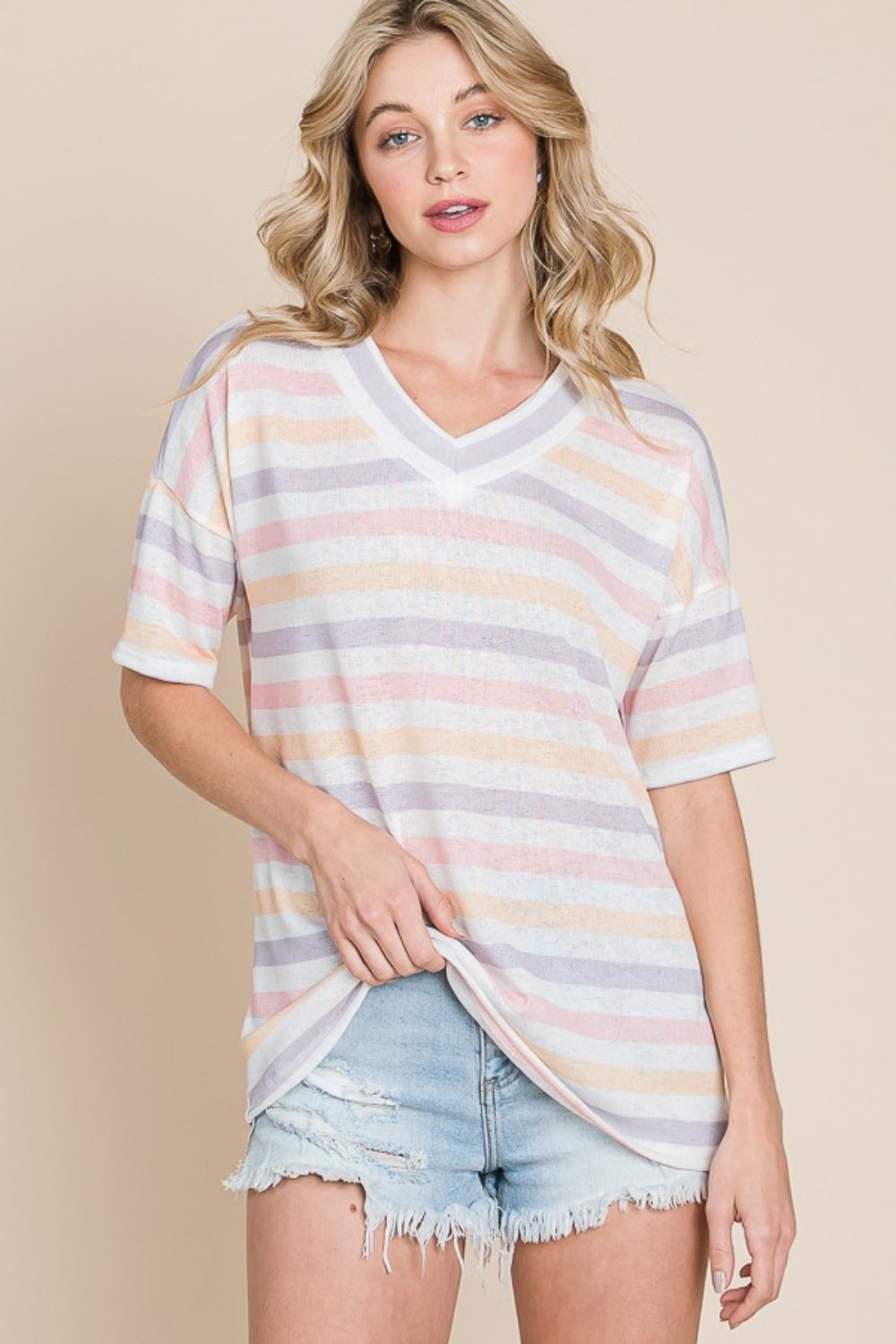 

Футболка с коротким рукавом и V-образным вырезом в полоску FASHNZFAB, цвет stripe