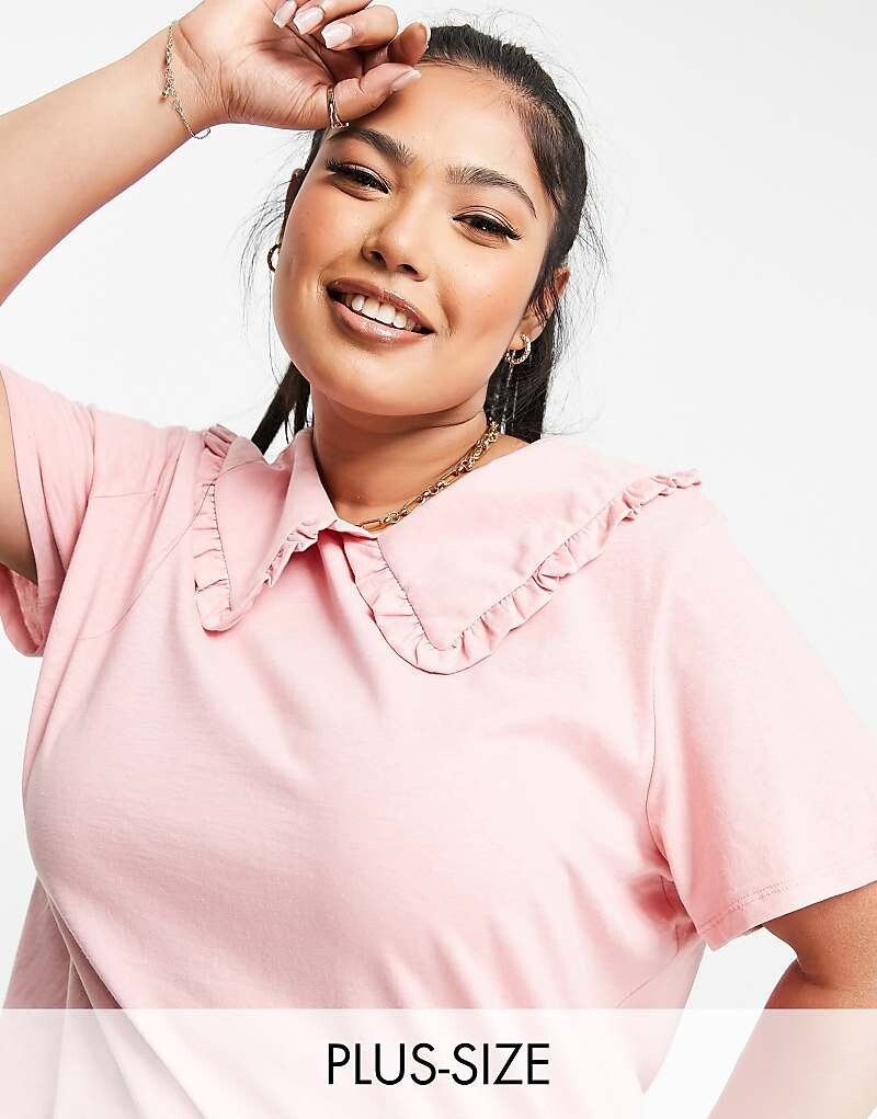

Розовая хлопковая футболка Pieces Curve с воротником с завышенной оборкой - LPINK