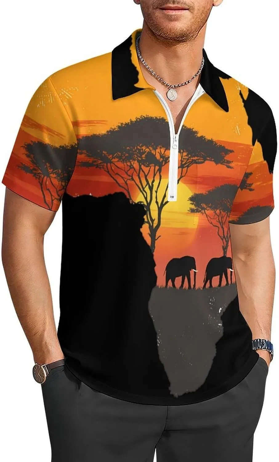 Мужское поло с коротким рукавом, African Safari Map, с карманом, Style
