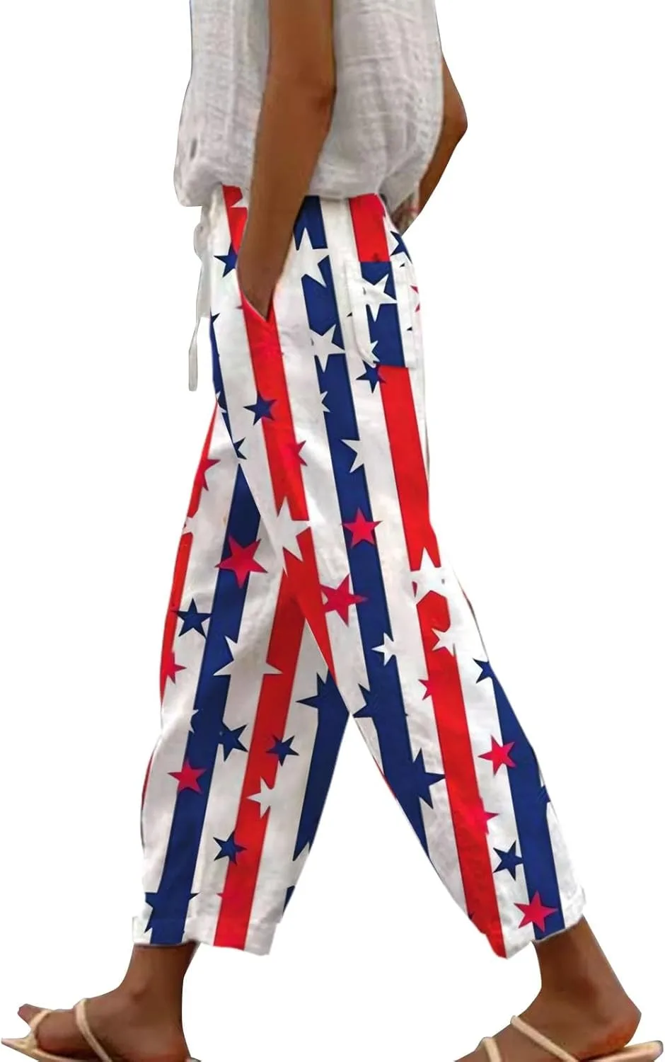 

Белые льняные брюки с карманами и завязками LCMTWX