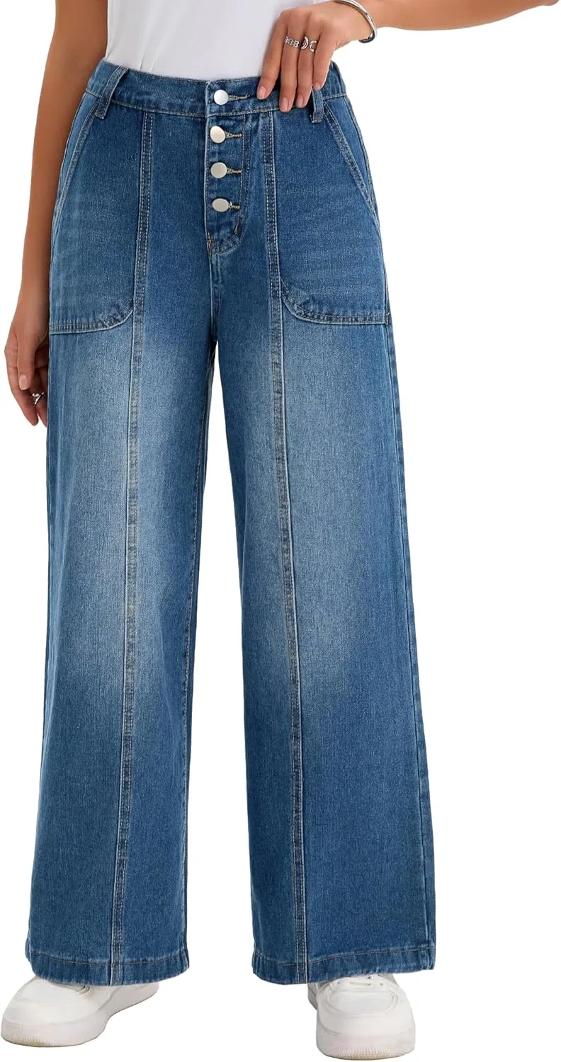 

Женские джинсы High Waisted с застежкой на пуговицах, прямые свободные широкие CIMUK