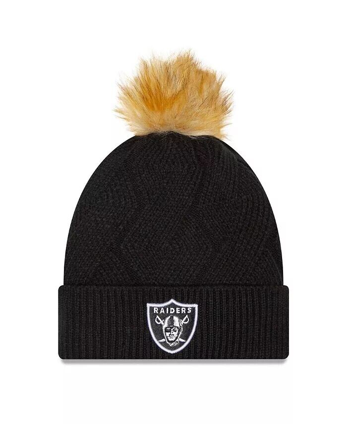 

Женская черная вязаная шапка Las Vegas Raiders Snowy с манжетами и помпоном New Era