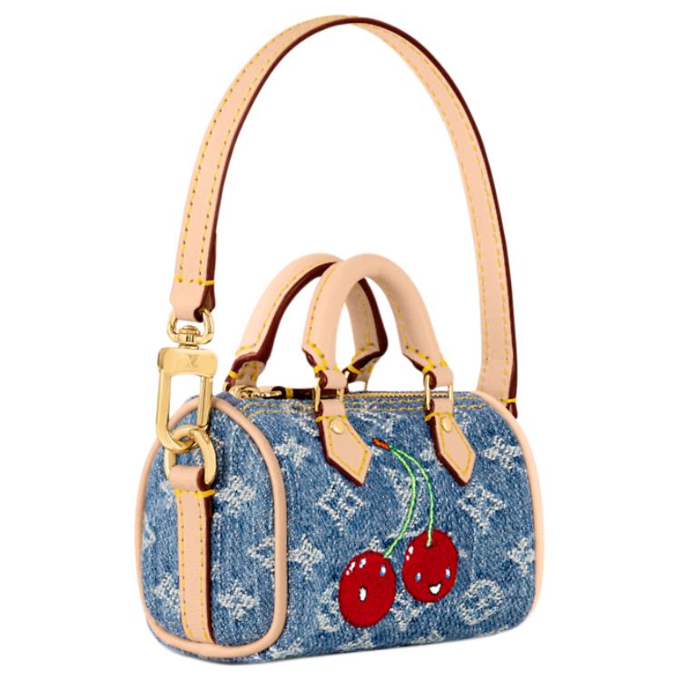 LOUIS VUITTON Шарм для сумки Takashi Murakami Cherry Micro Speedy в джинсовом стиле с цветочным принтом — фото 2