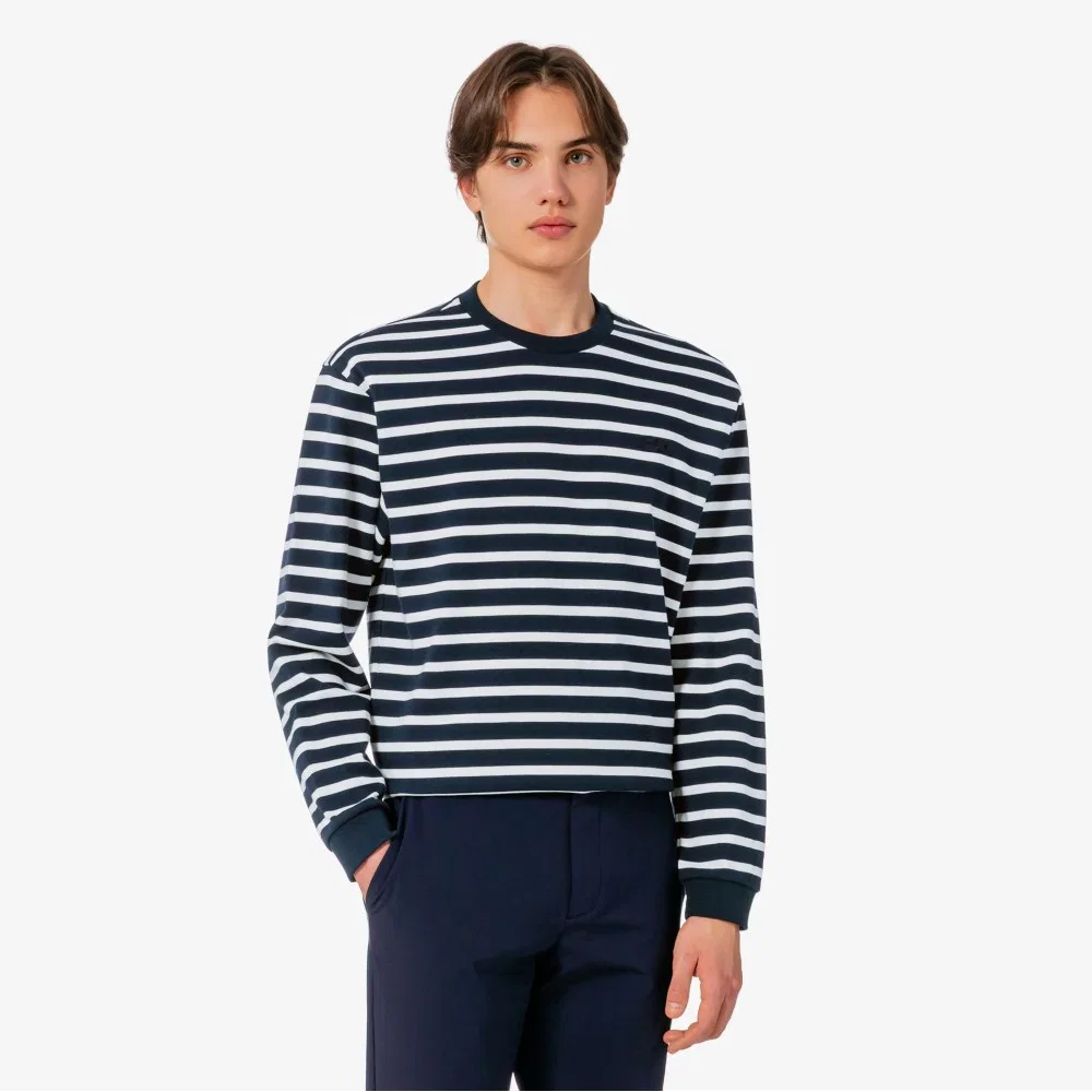 Мужская полосатая футболка с длинным рукавом тёмно-синяя от Lacoste