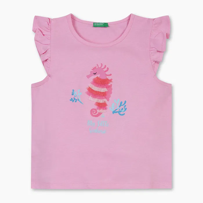 Детская футболка с рюшами на рукавах розовая от Benetton Kids