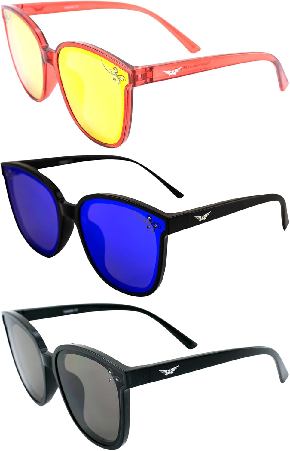 

Солнцезащитные очки Global Vision Eyewear Athena II Fashion для женщин, 3 пары: красные с красными зеркальными линзами, черные оправы с синими зеркальными и дымчатыми линзами, Red-red/Black-blue/Black-smoke