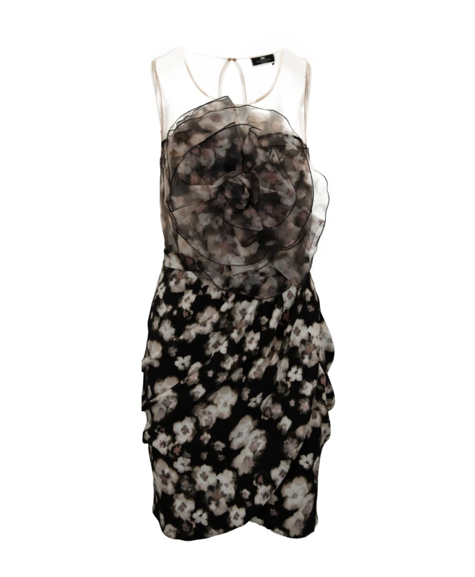 

Платье с короткими рукавами, цветочным принтом и отделкой из роз. Elisabetta Franchi, черный