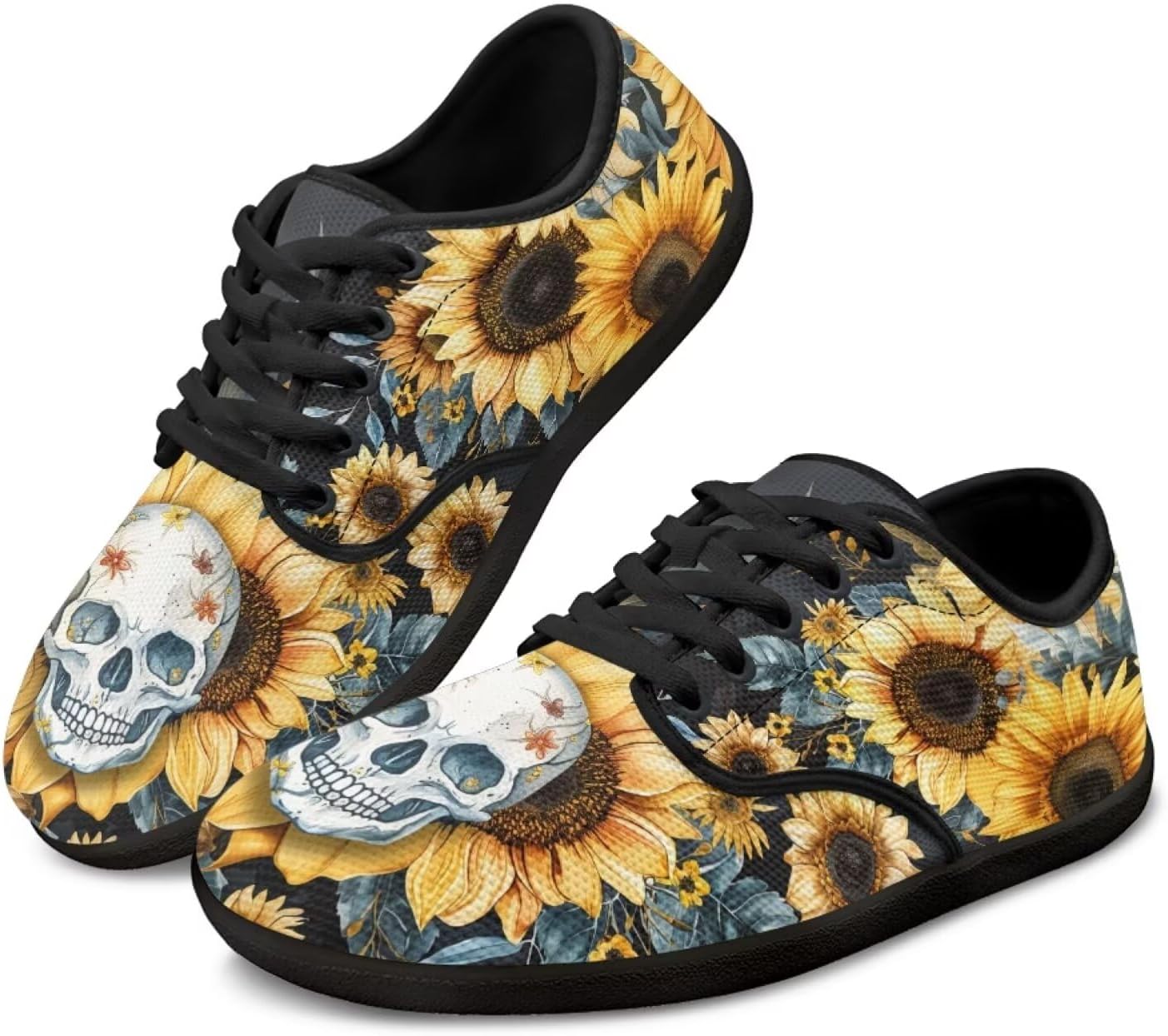 

Кроссовки Skull для женщин и мужчин, повседневная обувь для бизнеса, с широкой носочной частью, босоножки, обувь для ходьбы с нулевым перепадом Pointodoor, Skull Sunflower Pattern