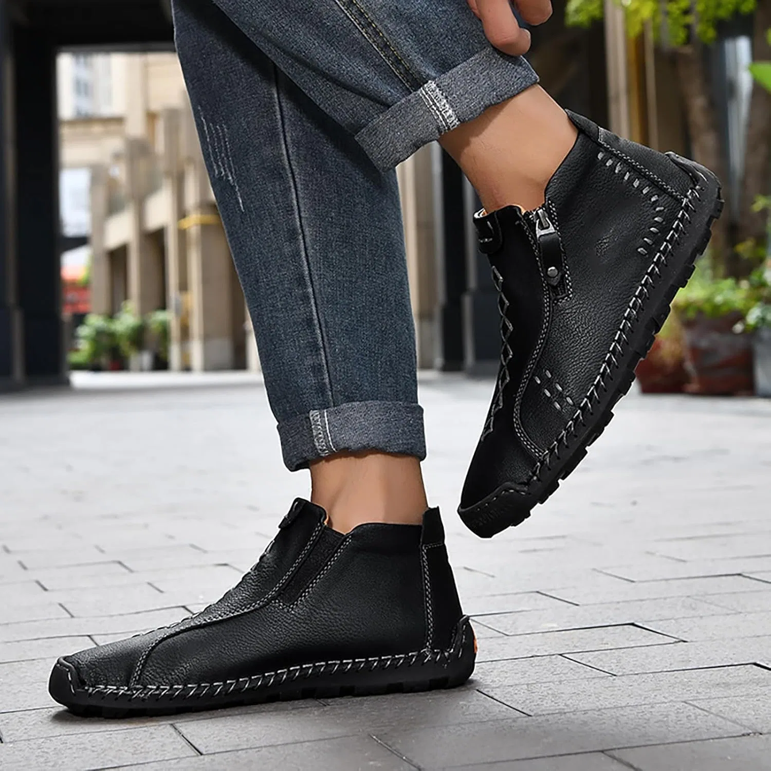 Herren Leder Freizeitschuhe, Лоферы Оксфордские слипоны Schuhe Stiefeletten Handnähte Seitlicher Reißverschluss, Прогулочные кроссовки Wanderschuhe Renaissance Mokassins Mittelalterliche Stiefel Generic, Schwarz — фото 2