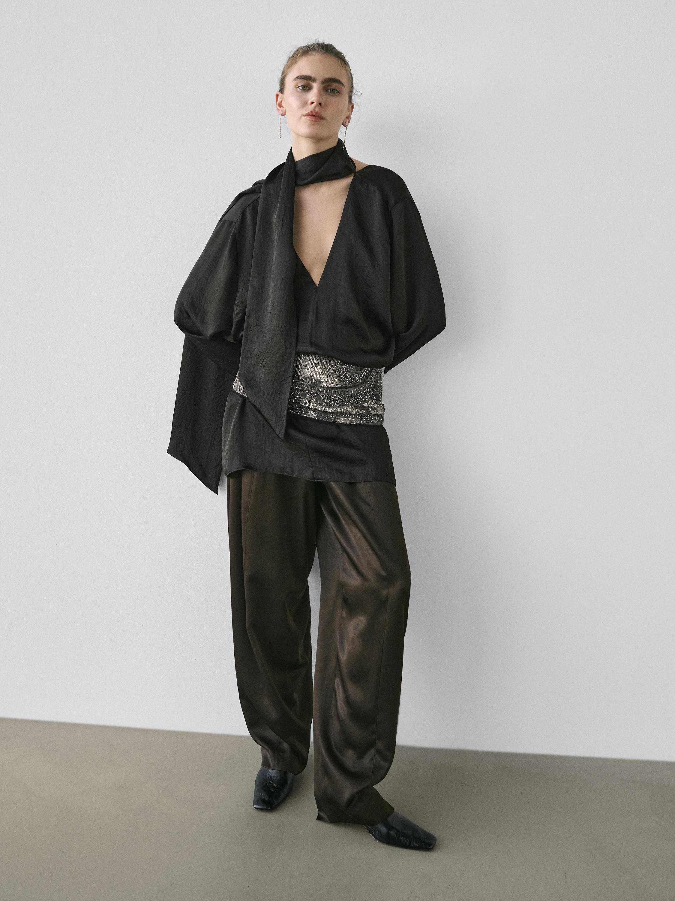 

Блуза с V-образным вырезом и завязками - Studio Massimo Dutti, black