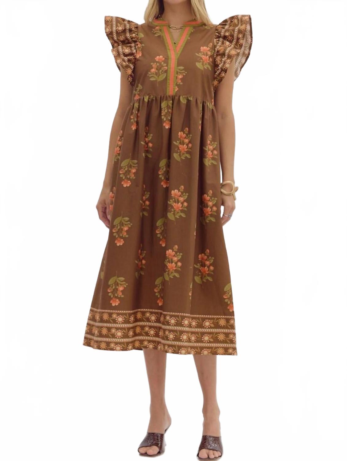 

Entro Платье миди с разрезом на шее и цветочным узором, коричневого цвета
