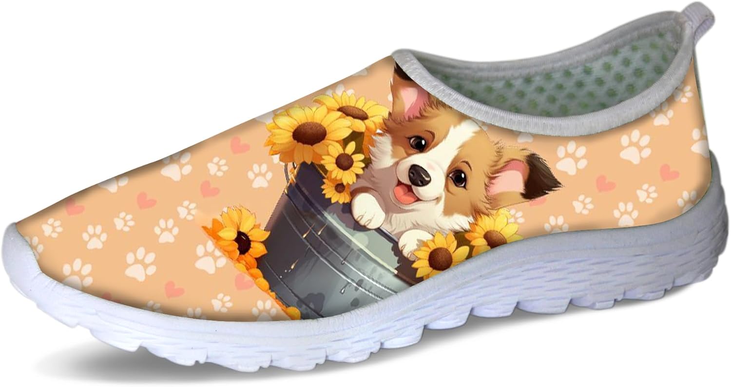 

Женские и мужские слипоны Forchrinse с цветочным принтом и корги, мягкая сетка, кроссовки для прогулок, спортивные, повседневные, для путешествий, дышащие, Sunflower Corgi