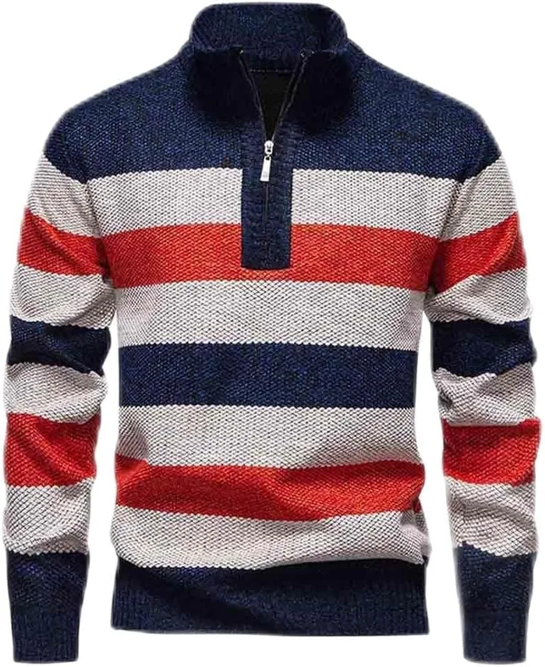 

Мужской свитер с четвертью молнии Slim Fit легкий с воротником стойкой и цветными полосками