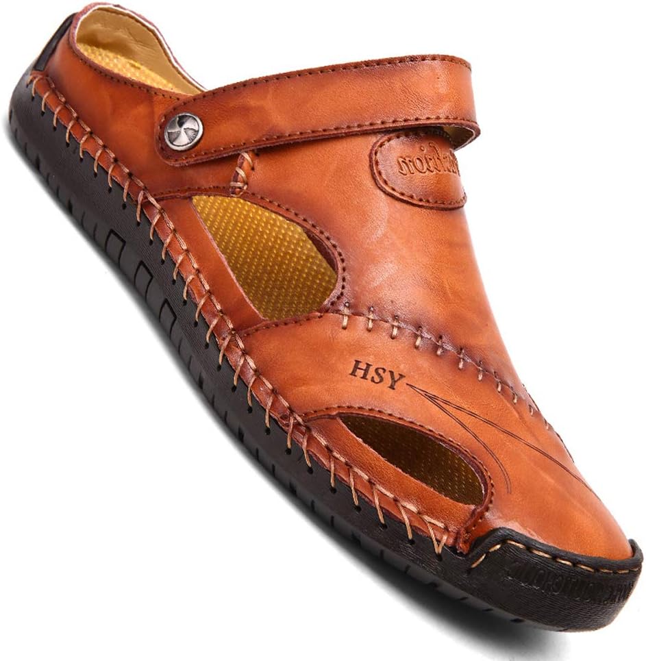 

Мужские повседневные кожаные сандалии KINOW с закрытым носком для улицы, спорта и пляжа, обувь на плоской подошве, коричневый