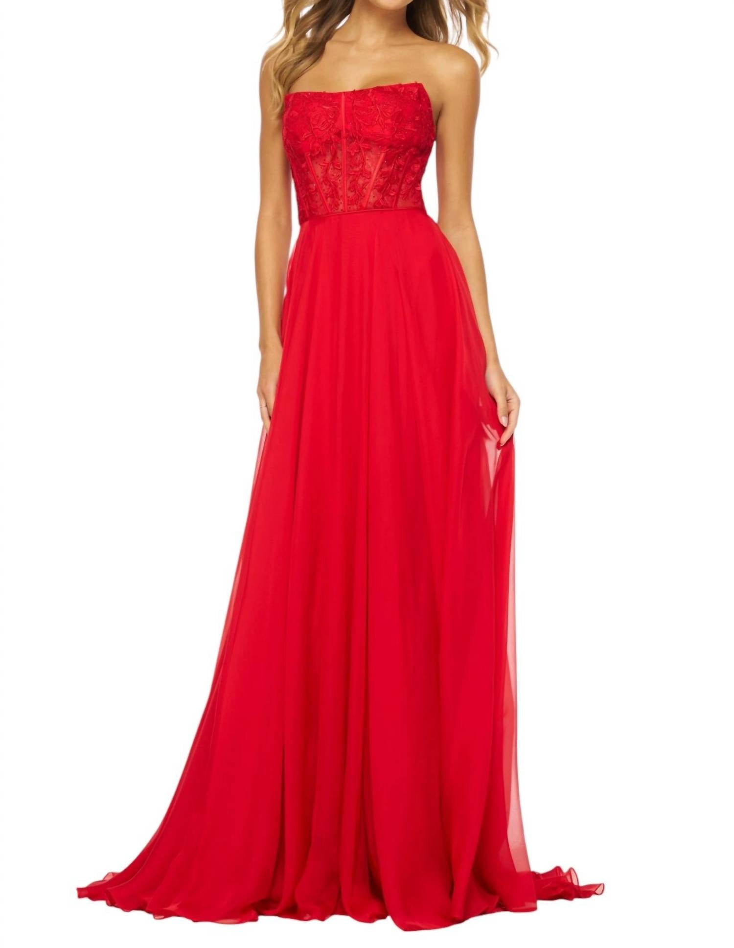 

Красное нежное бальное платье без бретелей с цветочным узором Sherri Hill