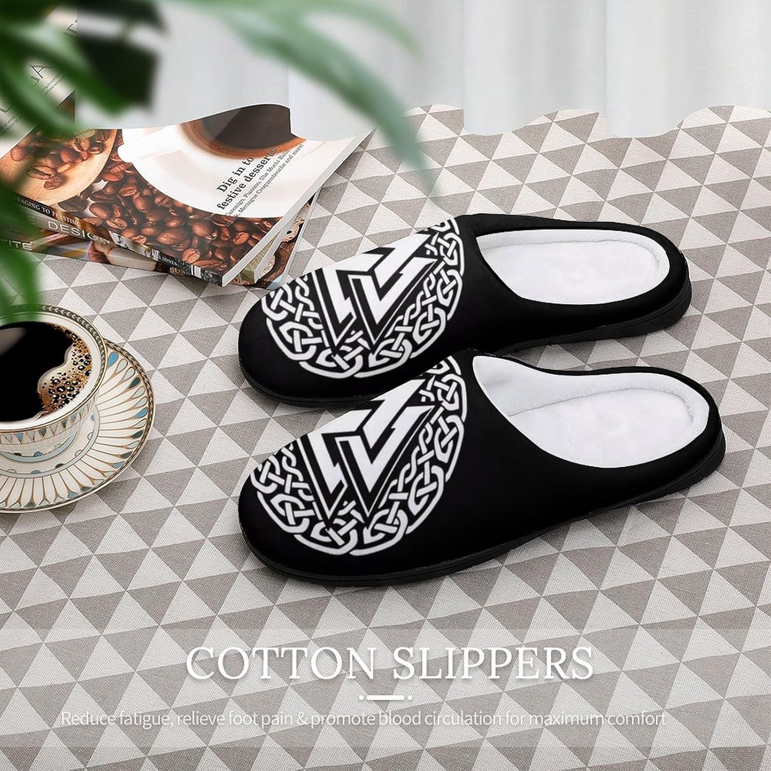 Тапочки YXHZYHY Comfort из хлопка для мужчин, мягкие, противоскользящие, теплые домашние тапочки для пары, с 3D-узором в виде викингских символов, Viking Symbol — фото 4