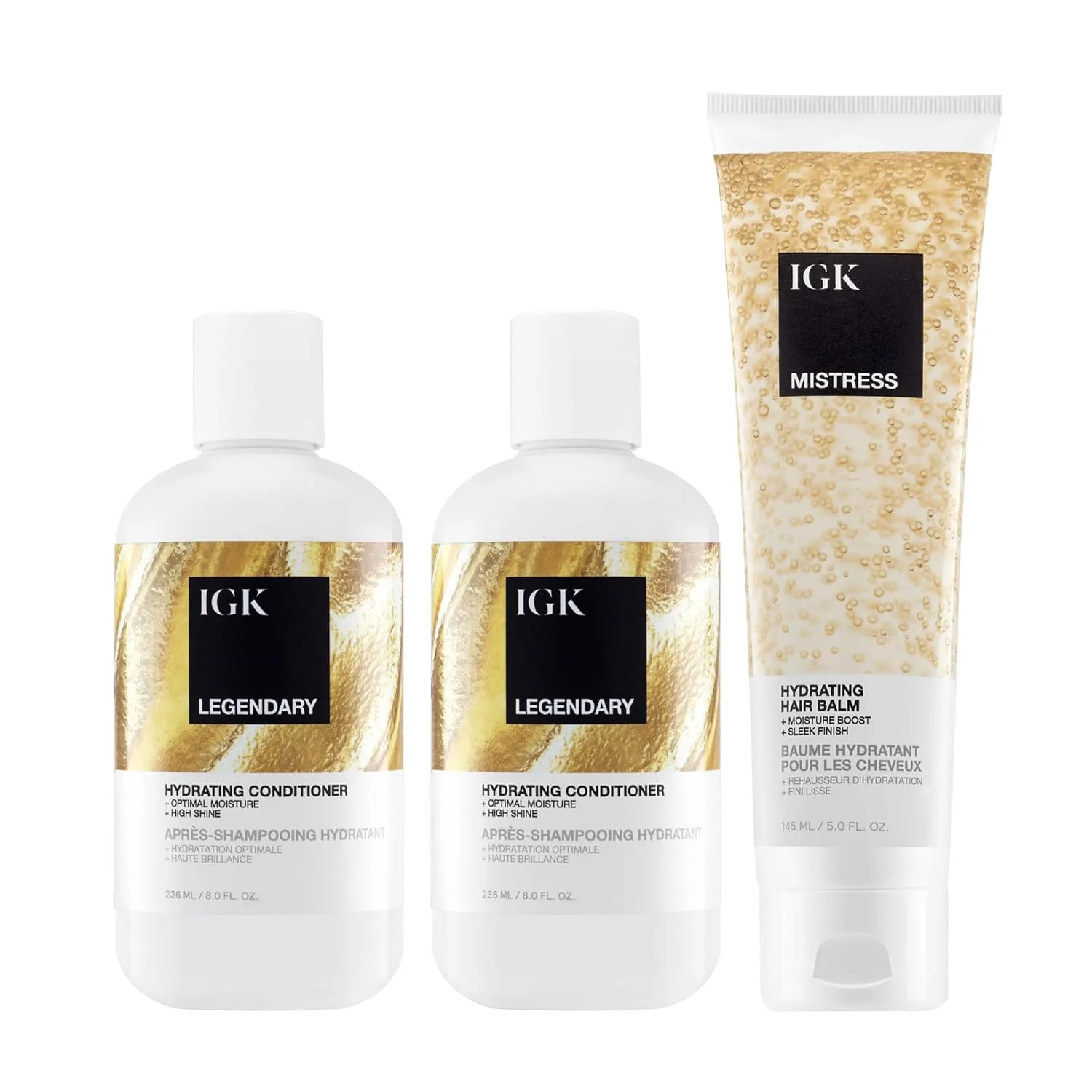 IGK Legendary Shampoo + Legendary Conditioner + Mistress Hair Balm - трио для очищения, увлажнения и укладки волос против пушистости, для блеска и послушности, веганское и cruelty-free
