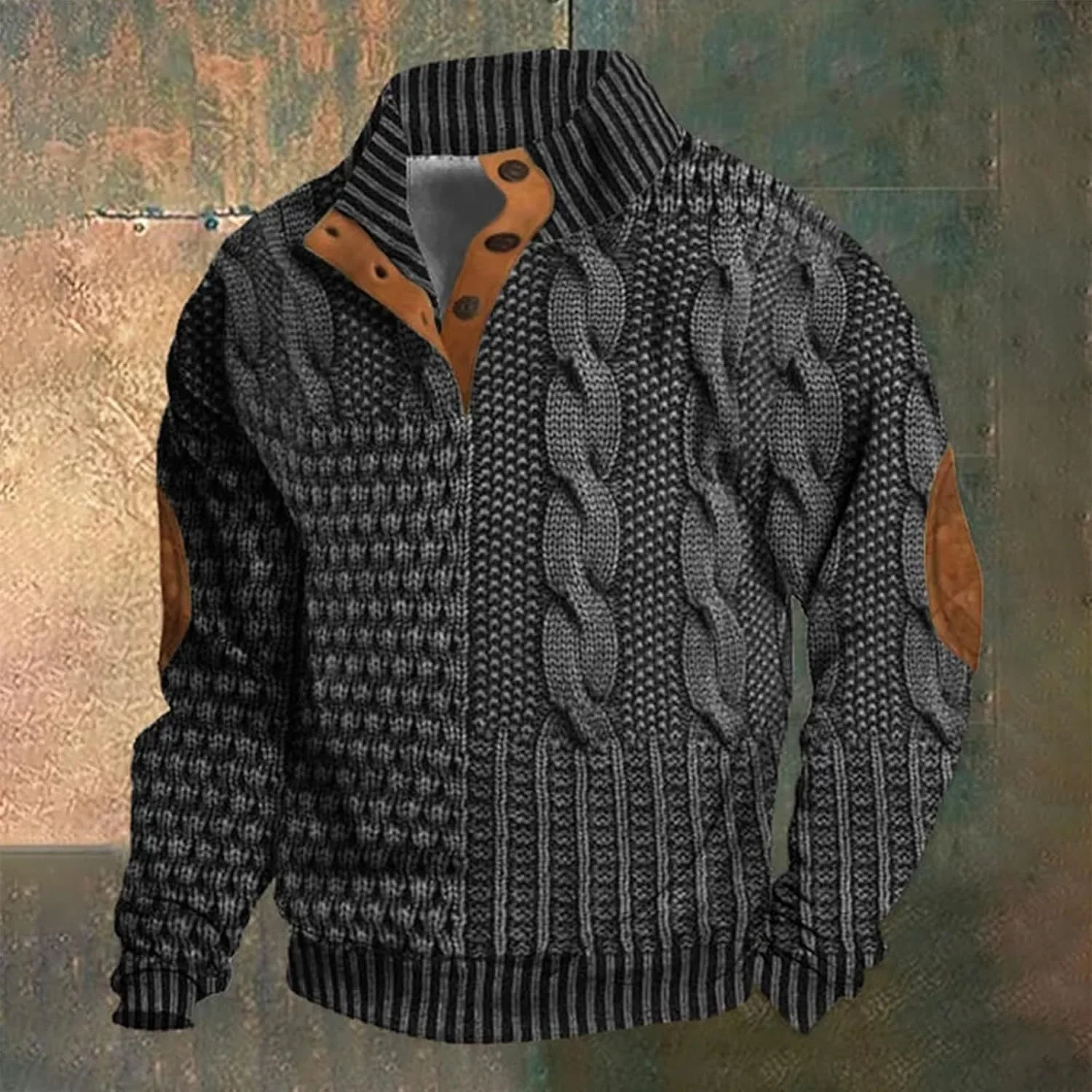 Мужской свитшот Casual Retro с 1/4 застежкой, воротником-стойкой и заплатками на локтях — фото 2