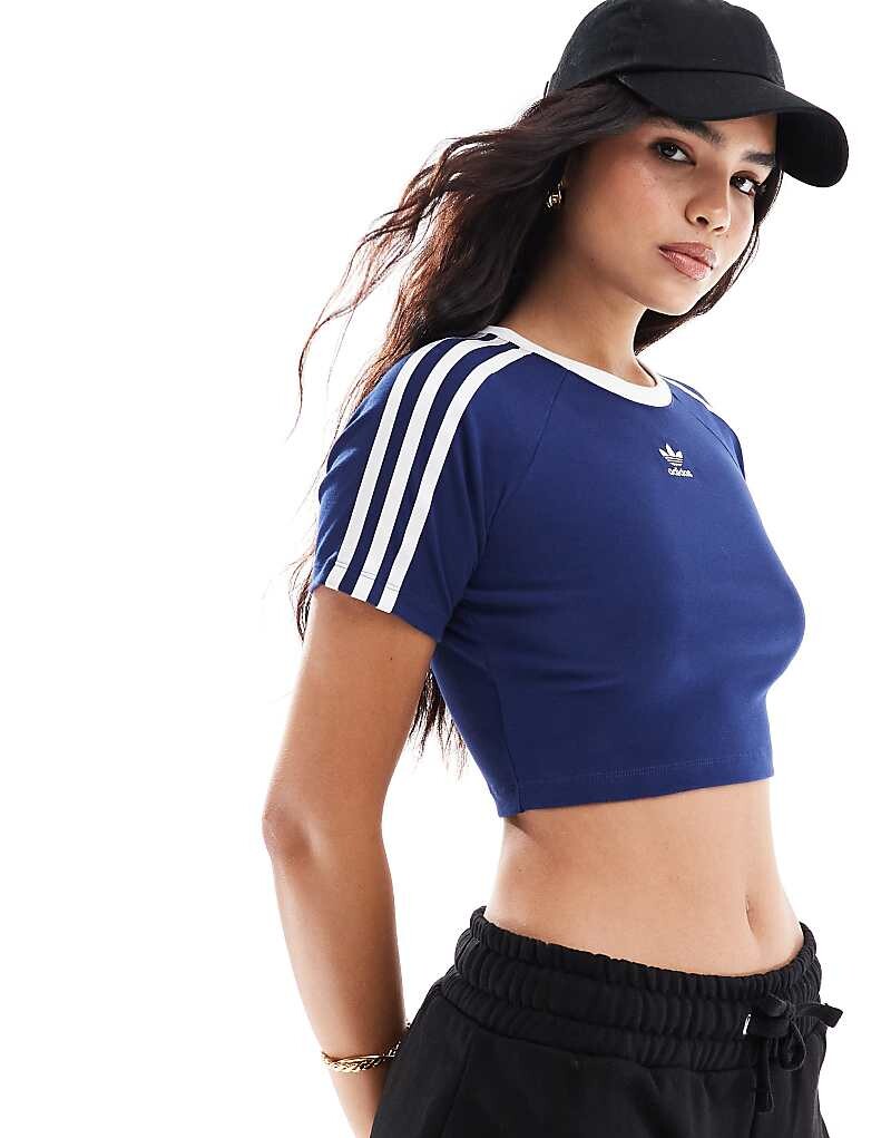 

adidas – Originals – Синяя короткая футболка с тремя полосками