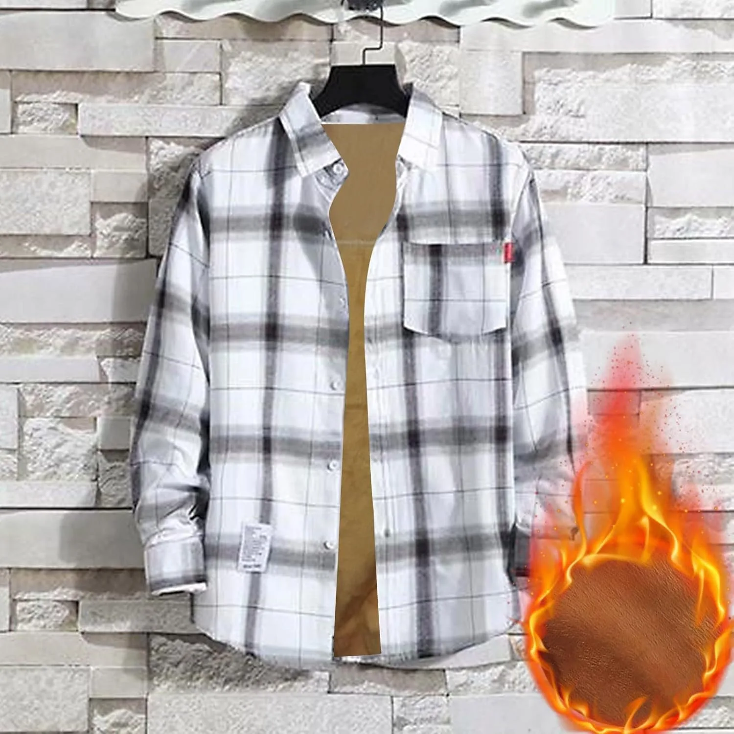 Мужские клетчатые куртки, повседневные рубашки с длинным рукавом, зимние теплые флисовые куртки из искусственного меха, куртки на пуговицах для активного отдыха, осенне-зимние пальто Generic, белый — фото 2