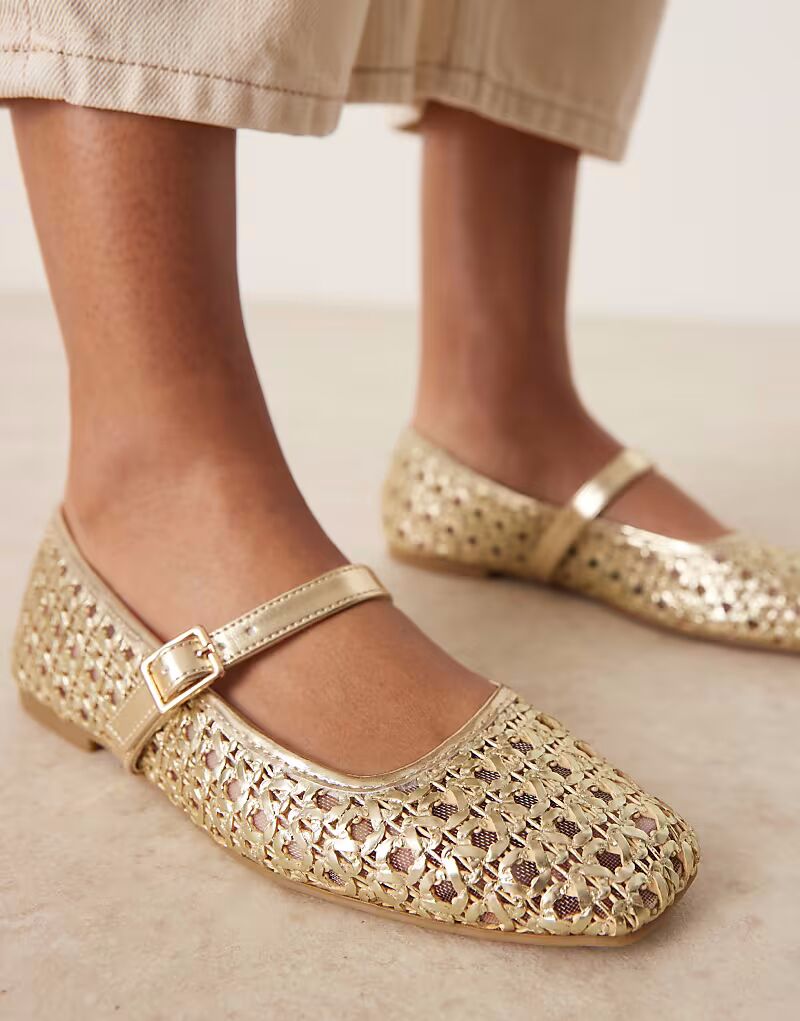 ASOS DESIGN Wide Fit Lottie балетки Мэри Джейн из золотого плетения — фото 2