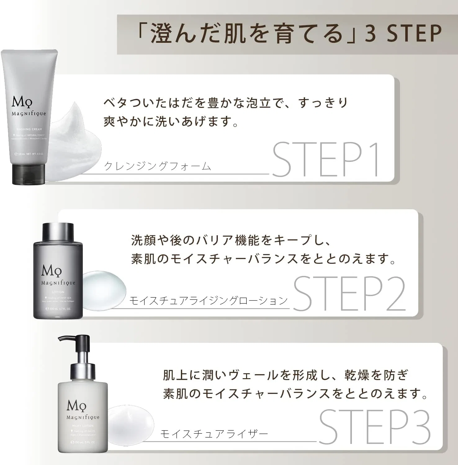 Набор для ухода за кожей Kose Magnifique 3-Step Set с очищающей пенкой, лосьоном и молочным лосьоном, 130 г + 200 мл + 150 мл — фото 3