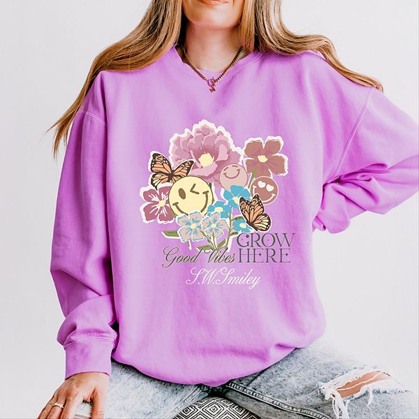 

SWSmiley good vibes grow here цветы - женский легкий свитшот garment dyed Simply Sage Market, Neon Violet
