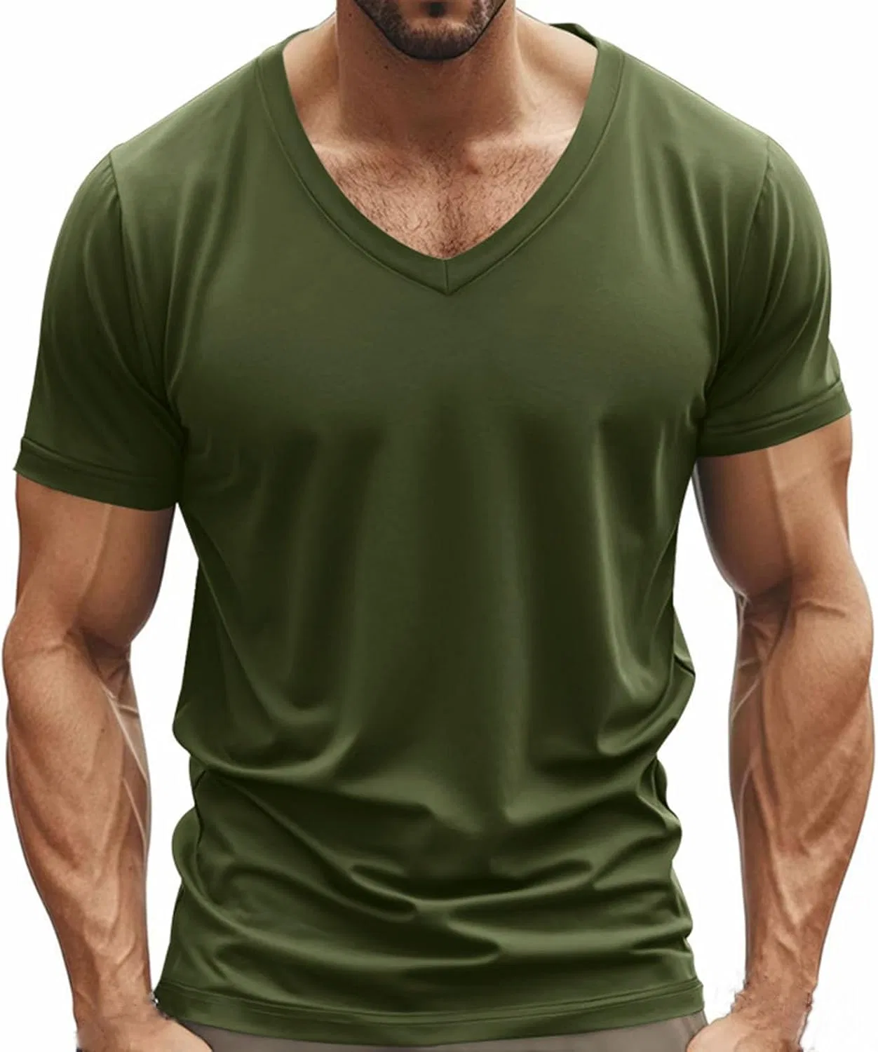 Футболка с V-вырезом, короткий рукав, хлопковая, Army Green