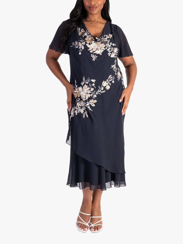 

Платье из шифона с воротником-хомут и бисерными пайетками chesca, Navy/White/Gold