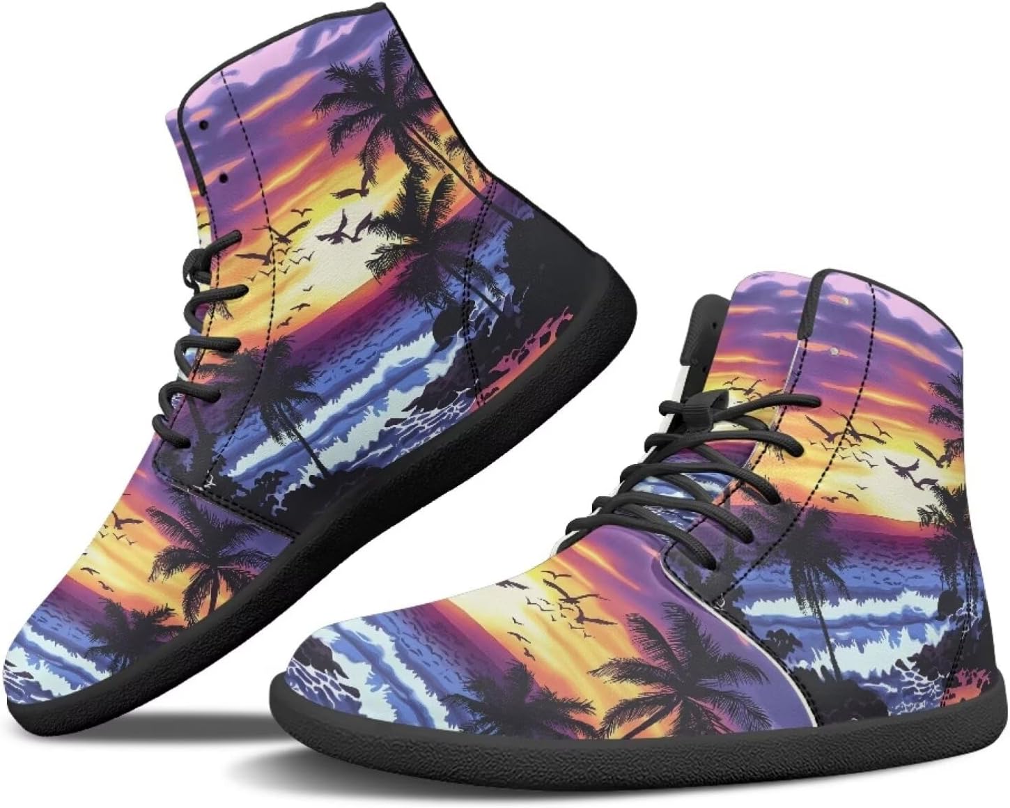 

Женские кроссовки JoyLamoria Skull Rose Butterfly высокие, с модными шнурками, для прогулок и тенниса, кожаные, хип-хоп стиль, кроссовки, Palm Tree Watercolor Sky