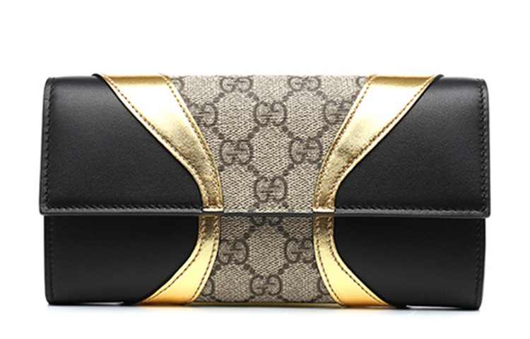 

GUCCI Женский бумажник с длинным клапаном из кожи и холста черный