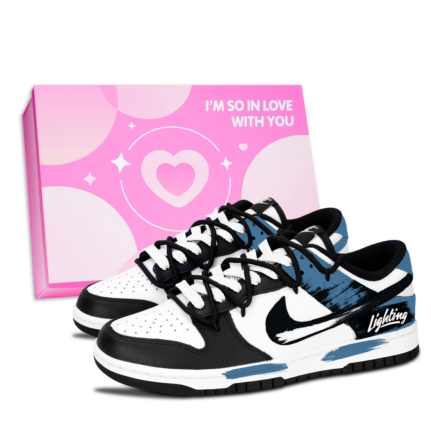 

Nike Кроссовки для скейтбординга Dunk Black White, Ink Light Elegance Blue, износостойкие, низкие, унисекс, синий