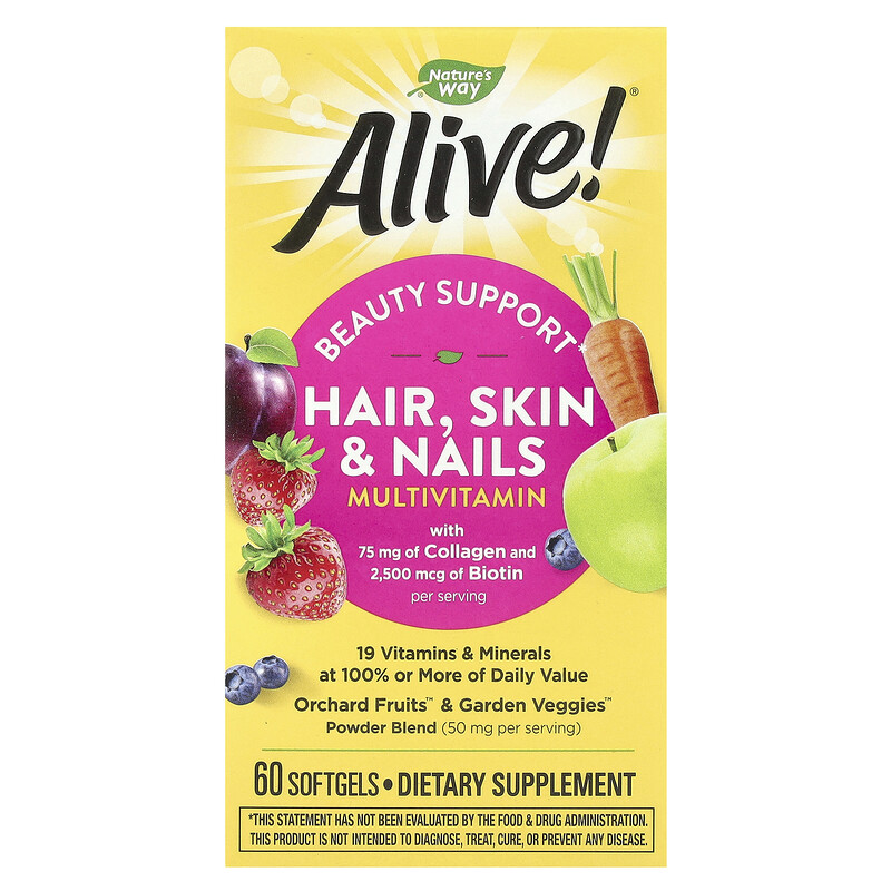

Nature's Way, Alive! мультивитамины для волос, кожи и ногтей, со вкусом клубники, 60 капсул