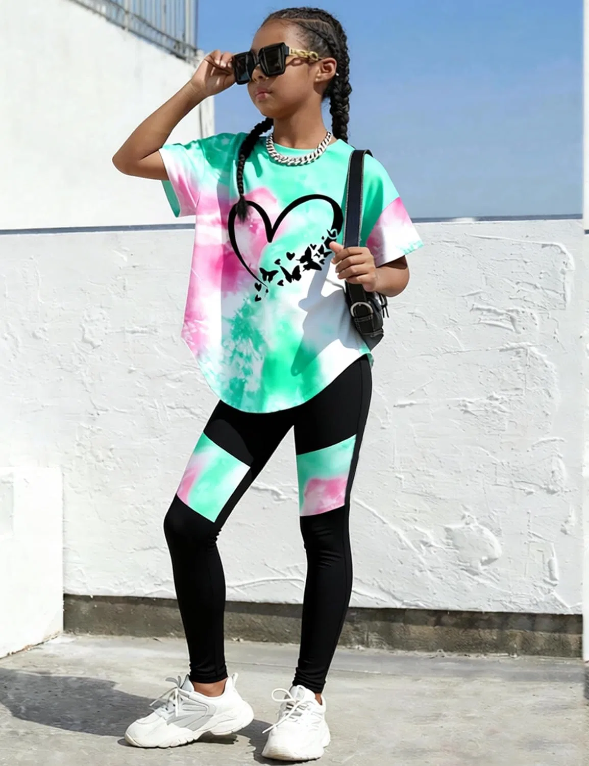 EuquixZeph Комплект из двух предметов для девочек: брюки, топ с коротким рукавом и принтом, леггинсы, спортивный костюм для весны и лета, размер 4-13 лет, зеленый — фото 4