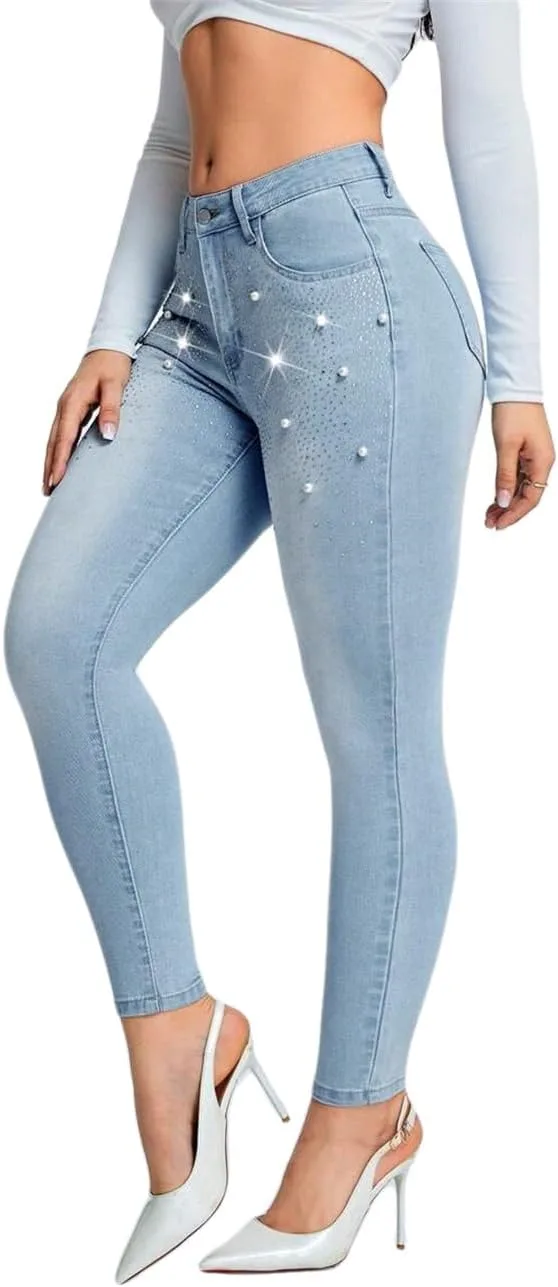 

Джинсы Pearl Jeans для женщин с низкой посадкой, скинни, с камнями, эластичные LifeShe