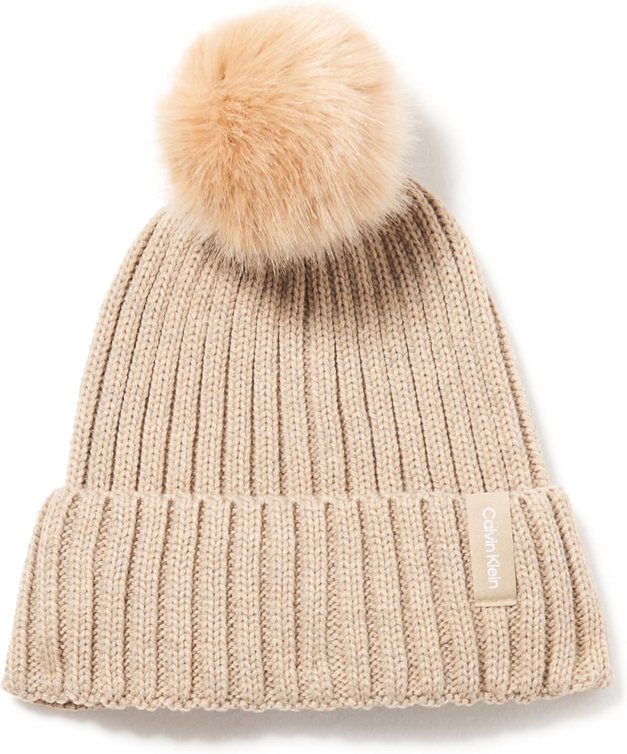 

Женская вязаная шапка-бини с искусственным мехом и помпоном Calvin Klein, супермягкая для холодной погоды, Heathered Almond