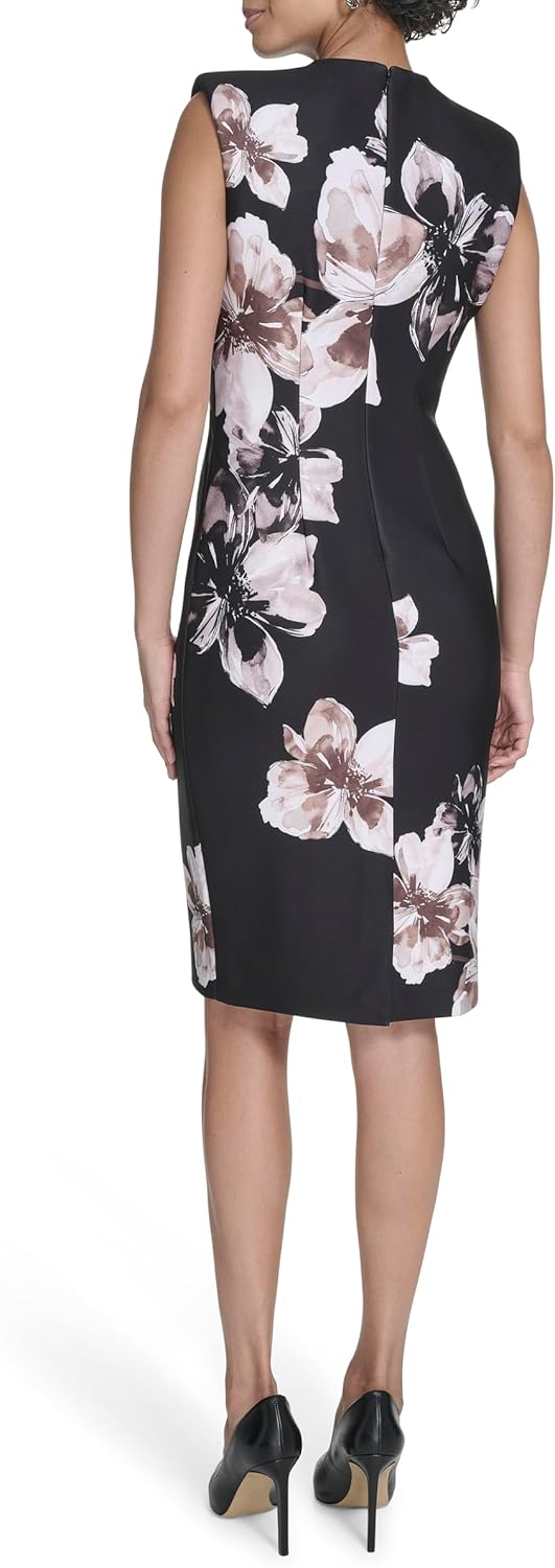 Женское платье-футляр Calvin Klein без рукавов с круглым вырезом и лифом миди, Black/Luggage Multi — фото 4