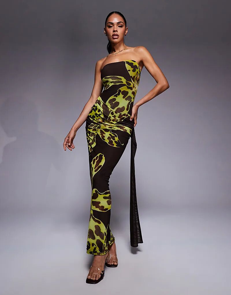 

Эксклюзивное двухслойное облегающее сетчатое платье-бандо Kaiia с завязками по бокам и драпировкой в ​​коричнево-желтых тонах с цветочным принтом