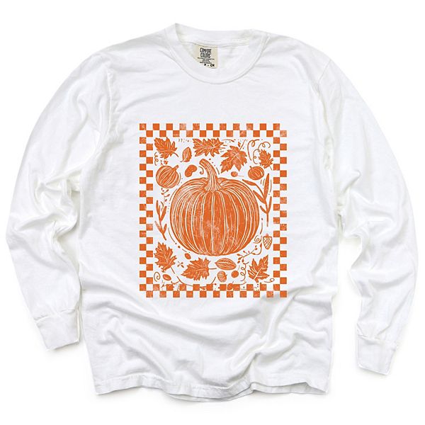 

Футболка с принтом Pumpkin checkered distressed, женская, окрашенная в готовом виде, с длинным рукавом Simply Sage Market, White