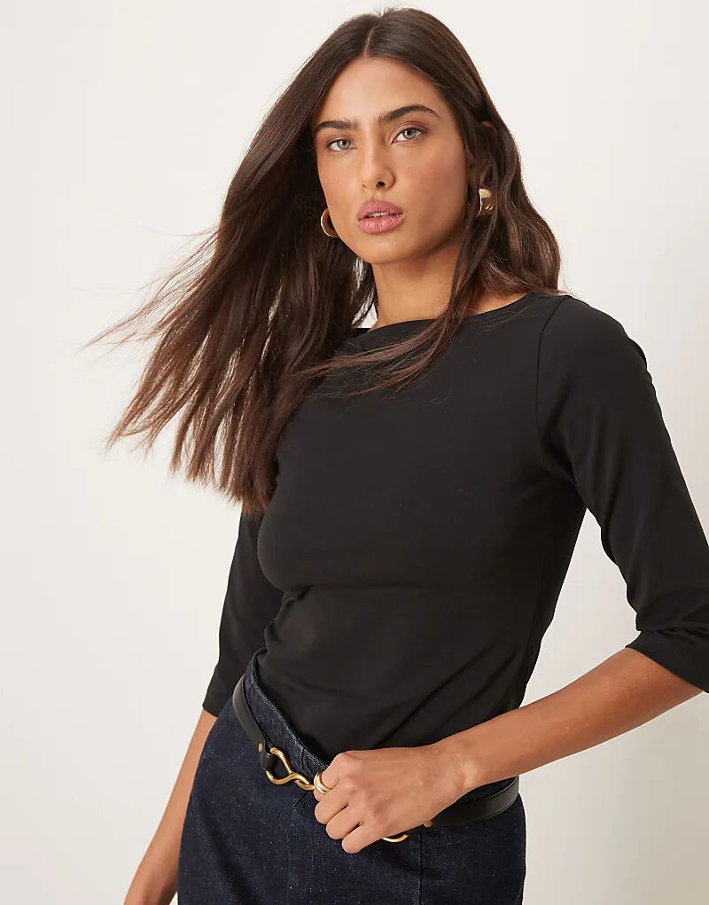 

Топ с вырезом-лодочкой длиной три четверти черного цвета ASOS DESIGN