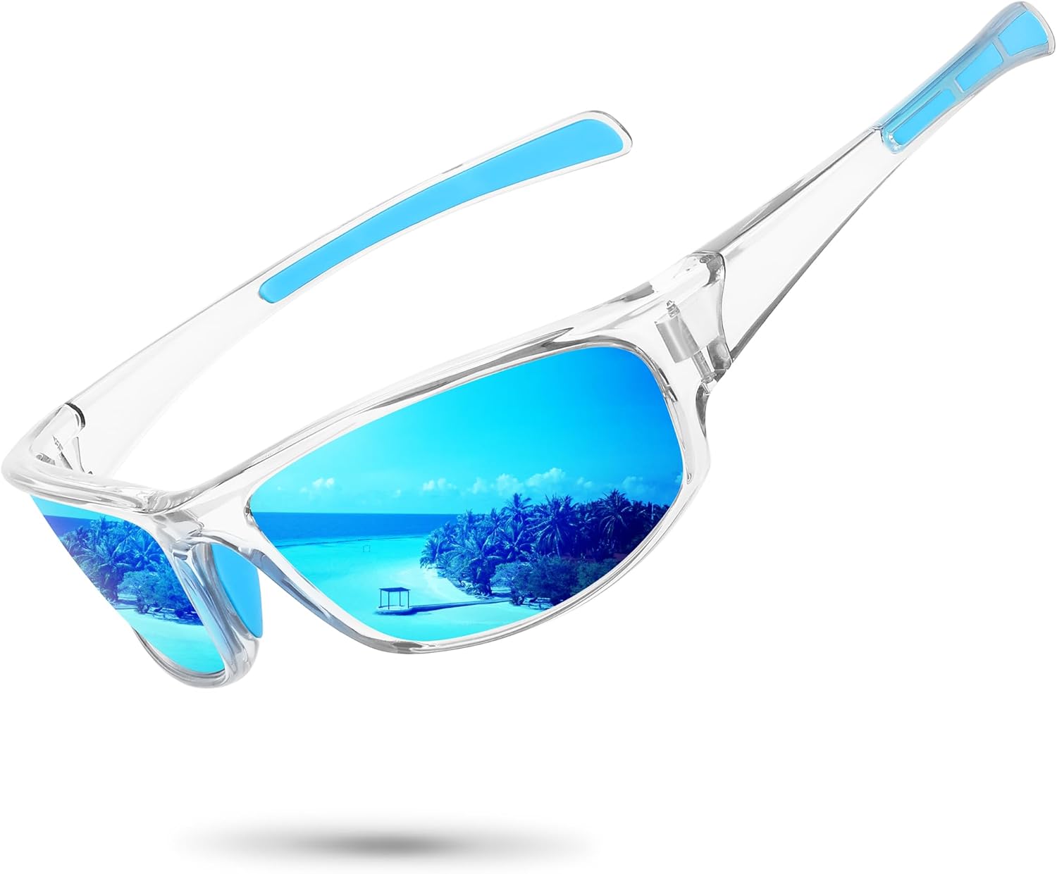 

Спортивные поляризованные солнцезащитные очки для мужчин и женщин, обтекаемой формы, для рыбалки, велоспорта, вождения, бега, с защитой от УФ-излучения Ofwin, Clear Frame/Blue Mirror Lens
