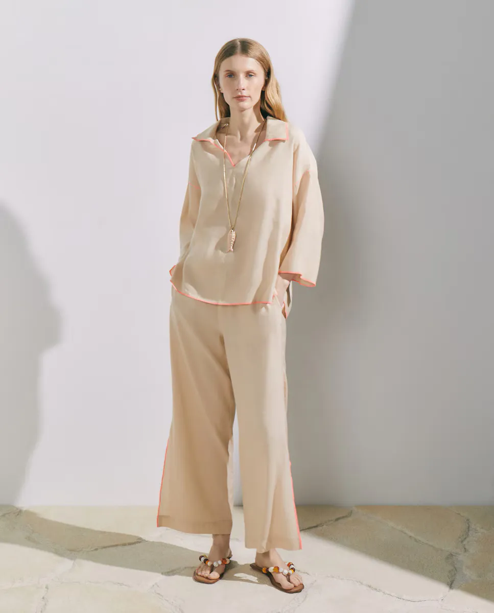 

Женский комплект из льна с контрастной строчкой Stella Rittwagen, бежевый