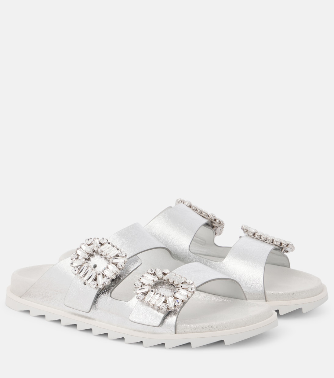 Металлические кожаные шлепанцы, украшенные кристаллами Roger Vivier, серебряный