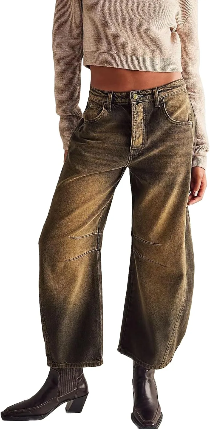 

LOAIHA женские бочкообразные джинсы Y2k широкие укороченные